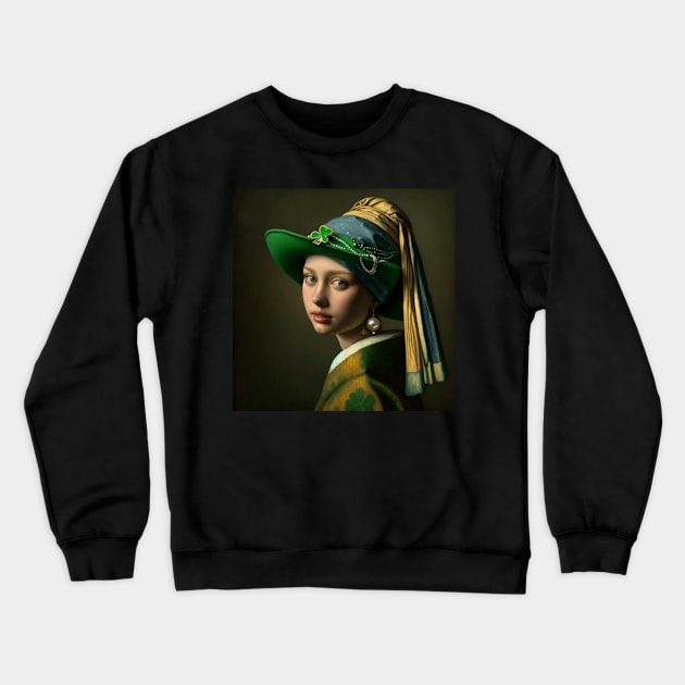 St. Paddy's Pearl: Girl with a Pearl Earring St. Patrick's Day Celebration Crewneck Sweatshirt by Edd Paint Something